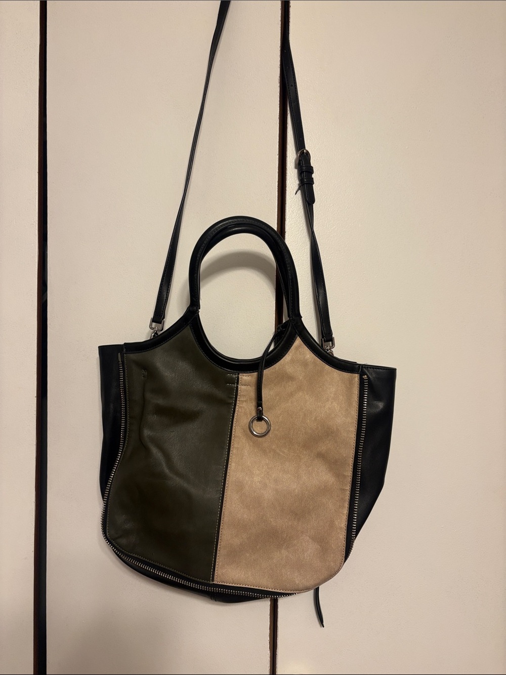 Calvin Klein Olive, Beige and Black Two-Tone Shoulder Bag